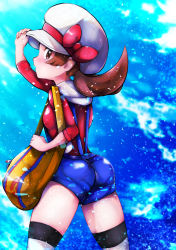 Rule 34 | 1girl, absurdres, adjusting clothes, adjusting headwear, ass, blue overalls, bow, breasts, brown eyes, brown hair, cabbie hat, clenched hands, creatures (company), day, female focus, from behind, game freak, gen 4 pokemon, harii (janib5kc), hat, hat bow, hat ribbon, highres, legs, light rays, long hair, looking at viewer, lyra (pokemon), matching hair/eyes, neck, nintendo, open mouth, outdoors, overall shorts, overalls, parted bangs, pokemon, pokemon hgss, profile, red shirt, ribbon, shiny clothes, shiny skin, shirt, short sleeves, sidelocks, sky, small breasts, standing, thighhighs, thighs, twintails, white headwear, white thighhighs