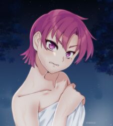 Rule 34 | 1girl, bare shoulders, bazett fraga mcremitz, breasts, clenched teeth, collarbone, fate/hollow ataraxia, fate (series), highres, large breasts, looking at viewer, pink eyes, purple hair, short hair, solo, symoca, teeth, towel