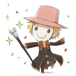 Rule 34 | 1boy, black coat, black pants, blonde hair, brown hat, chibi, coat, commentary request, confetti, full body, hat, holding, holding staff, long sleeves, male focus, mask, multicolored coat, natsuya (kuttuki), pants, priest (ragnarok online), ragnarok online, red coat, short hair, simple background, smiley face, solo, sparkle, staff, two-tone coat, white background