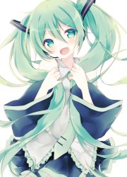 Rule 34 | 1girl, :d, absurdres, backlighting, black skirt, cowboy shot, detached sleeves, green eyes, green hair, hair between eyes, hands up, hatsune miku, highres, kida mochi, long hair, looking at viewer, open mouth, pleated skirt, simple background, skirt, smile, solo, tareme, twintails, very long hair, vocaloid, white background