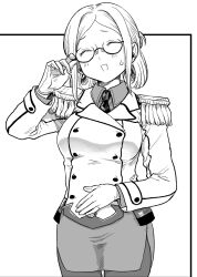 Rule 34 | 1girl, adjusting eyewear, blush, breasts, buttons, double-breasted, epaulettes, facing viewer, folded ponytail, glasses, gloves, greyscale, hand on eyewear, hand on own stomach, highres, kantai collection, katori (kancolle), large breasts, long sleeves, military uniform, monochrome, open mouth, pantyhose, pencil skirt, ponytail, simple background, skirt, solo, sweat, uniform, yonnada1