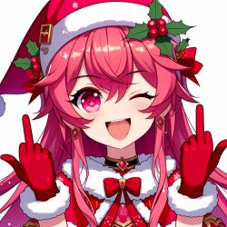 Rule 34 | 1girl, christmas, double middle finger, gloves, hat, middle finger, non-web source, pink hair, red gloves, santa costume, santa hat