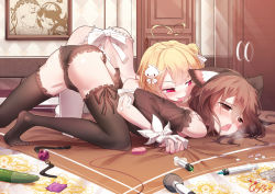 Rule 34 | 1girl, 2girls, ahoge, all fours, animal ears, ass, ball gag, black thighhighs, blanket, blonde hair, blush, brown eyes, brown hair, butt crack, cat ears, commentary request, condom, condom wrapper, cucumber, drugs, eyes visible through hair, fake animal ears, frilled panties, frilled thighhighs, frills, gag, gloves, hair between eyes, hair ornament, hair ribbon, heart, heart ahoge, holding hands, indoors, licking back, massager, multiple girls, niliu chahui, no pants, open mouth, original, painting (object), panties, pill, purple eyes, qys3, ribbon, saliva, sweat, syringe, tearing up, thighhighs, tokisaki asaba (niliu chahui), tongue, tongue out, underwear, white gloves, white panties, white ribbon, wiffle gag, x hair ornament, yuri