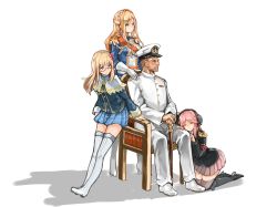Rule 34 | 15k, 1boy, 3girls, admiral (warship girls r), aiguillette, anchor, arm support, armband, black footwear, black jacket, blonde hair, blue eyes, blue jacket, blue skirt, boots, braid, breasts, buttons, cane, capelet, chair, closed eyes, crown braid, epaulettes, flower, french braid, full body, glasses, gloves, hair flower, hair ornament, hand on another&#039;s leg, hand on another&#039;s shoulder, hat, headphones, high heel boots, high heels, highres, holding, hood (warship girls r), jacket, kneeling, leaning back, long hair, long sleeves, looking to the side, military, military uniform, multiple girls, pants, peaked cap, pink flower, pink hair, pink skirt, pleated skirt, red-framed eyewear, richelieu (warship girls r), sash, shoes, short hair, sitting, skirt, standing, thigh boots, thighhighs, tirpitz (warship girls r), uniform, very short hair, warship girls r, white background, white footwear, white gloves, white hat, white jacket, white legwear, white pants, zettai ryouiki