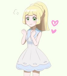 Rule 34 | 1girl, blonde hair, clenched hands, cowboy shot, creatures (company), dress, game freak, green eyes, heart, lillie (pokemon), looking at viewer, miin (toukotouya), nintendo, pokemon, pokemon (anime), pokemon sm (anime), ponytail, white dress