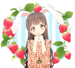 Rule 34 | 1girl, animal ears, covering own mouth, food, fruit, long hair, looking at viewer, piyodera mucha, plaid, rabbit ears, solo, strawberry, very long hair
