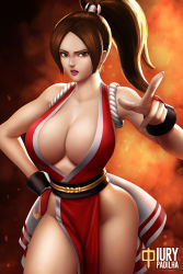 Rule 34 | annoyed, arm guards, artist name, bare shoulders, breasts, brown eyes, brown hair, cleavage, cowboy shot, fire, hand on own hip, iury padilha, japanese clothes, kimono, large breasts, lipstick, long hair, makeup, midriff peek, no bra, obi, pelvic curtain, pointing, ponytail, revealing clothes, revealing layer, rope, sash, shiranui mai, sleeveless, solo, sparks, thick thighs, thighs