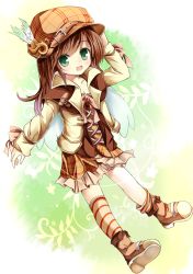 Rule 34 | 1girl, boots, brown hair, cabbie hat, green eyes, hat, long hair, open mouth, original, pixiv fairy, skirt, smile, solo, wings, yuuhagi (amaretto-no-natsu)