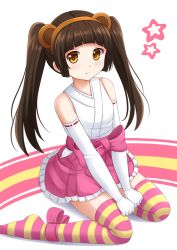 Rule 34 | 10s, 1girl, :t, amayadori machi, animal ears, bare shoulders, bear ears, black hair, blunt bangs, blush, bow, brown eyes, elbow gloves, fake animal ears, female focus, frills, gloves, highres, japanese clothes, kazenokaze, kumamiko, long hair, looking at viewer, miko, nontraditional miko, pout, ribbon-trimmed clothes, ribbon trim, sitting, skirt, sleeveless, solo, star (symbol), striped clothes, striped thighhighs, thighhighs, twintails, white background, white gloves