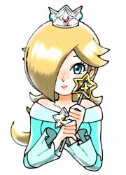 Rule 34 | 1girl, bare shoulders, blonde hair, blue dress, blue eyes, brooch, closed mouth, crown, dress, eyelashes, hair over one eye, highres, holding, holding wand, jewelry, long hair, long sleeves, looking at viewer, mario (series), mzg04, nintendo, off-shoulder dress, off shoulder, rosalina, smile, solo, star brooch, super mario galaxy, upper body, wand, white background