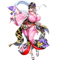 Rule 34 | 1girl, beads, belt, black hair, black kimono, breasts, broken, broken sword, broken weapon, brown belt, chinese knot, cleavage, closed mouth, collarbone, covered erect nipples, drum, earrings, floral print, flower, game cg, geta, gigantic breasts, hagoromo, hair flower, hair ornament, highres, holding, holding sheath, holding sword, holding weapon, huge breasts, instrument, japanese clothes, jewelry, kanzashi, kimono, kunoichi enrai, large areolae, last origin, mitsudomoe (shape), multicolored clothes, multicolored kimono, nail polish, neck ribbon, neroma shin, obi, obiage, obijime, official art, pink flower, pink kimono, pink nails, prayer beads, print kimono, purple flower, red eyes, ribbon, sash, shawl, sheath, solo, standing, sword, tabi, tachi-e, taiko drum, thighs, tomoe (symbol), transparent background, weapon, white flower, wide hips, yellow flower