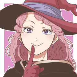 Rule 34 | 1girl, absurdres, black clover, choker, earrings, finger to mouth, gloves, hat, highres, jewelry, long hair, pink hair, purple eyes, smile, solo, vanessa enoteca, witch hat