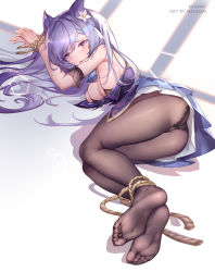 Rule 34 | 1girl, absurdres, ass, bare shoulders, black panties, black pantyhose, blush, bound, bound ankles, bound wrists, breasts, cone hair bun, detached sleeves, dress, feet, foot focus, foreshortening, frills, full body, genshin impact, hair bun, hair ornament, highres, keqing (genshin impact), legs, long hair, looking at viewer, lying, medium breasts, melailai, on side, panties, pantyhose, purple eyes, purple hair, revision, rope, skirt, solo, toes, tongue, tongue out, underwear