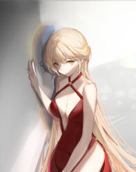 Rule 34 | 1girl, absurdres, bare shoulders, blonde hair, breasts, cleavage, closed mouth, dress, expressionless, girls&#039; frontline, hair between eyes, hand on wall, highres, inez, long hair, looking at viewer, medium breasts, official alternate costume, ots-14 (girls&#039; frontline), ots-14 (ruler of the banquet) (girls&#039; frontline), red dress, simple background, sitting, solo, upper body, yellow eyes