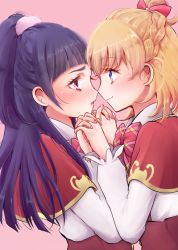 Rule 34 | 2girls, asahina mirai, blonde hair, blue eyes, blunt bangs, bow, bowtie, braid, capelet, closed mouth, couple, eye contact, french braid, from side, hair bow, hair ornament, high-waist skirt, high ponytail, highres, holding hands, imminent kiss, interlocked fingers, izayoi liko, kononkono, long hair, long sleeves, looking at another, mahou girls precure!, multiple girls, open mouth, pink background, plaid neckwear, precure, purple hair, red bow, red capelet, red eyes, red neckwear, red skirt, shirt, short hair, skirt, smile, upper body, white shirt, yuri