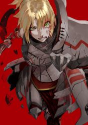 Rule 34 | 1girl, absurdres, armor, blonde hair, blood, blood from mouth, blood on face, broken armor, clarent (fate), clenched teeth, fate/apocrypha, fate/grand order, fate (series), green eyes, highres, mordred (fate), mordred (fate/apocrypha), peperon (peperou), ponytail, solo, sword, teeth, weapon