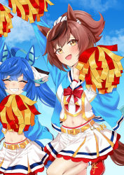 Rule 34 | absurdres, ahoge, animal ears, arm up, belt, blue hair, blue jacket, blue sky, bow, bowtie, brown eyes, brown hair, commentary request, cosplay, cropped shirt, cross-laced footwear, day, ear ribbon, facing viewer, gakeumi, grin, hair ornament, hair ribbon, hair scrunchie, highres, holding, holding pom poms, horse ears, horse girl, horse tail, jacket, leg up, long hair, long sleeves, looking at viewer, medium hair, midriff, miniskirt, navel, nice nature (run&amp;win) (umamusume), nice nature (umamusume), nice nature (umamusume) (cosplay), open clothes, open jacket, open mouth, outdoors, partial commentary, pom pom (cheerleading), pom poms, ponytail, red bow, red bowtie, red footwear, ribbon, scrunchie, sharp teeth, shirt, skirt, sky, smile, socks, standing, standing on one leg, tail, teeth, track jacket, twin turbo (umamusume), umamusume, white ribbon, white scrunchie, white shirt, white skirt, white socks, yellow belt
