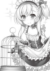 Rule 34 | 1girl, azur lane, belfast (azur lane), bird, birdcage, blush, bow, breasts, cage, cleavage, closed mouth, collarbone, curtsey, greyscale, highres, little bel (azur lane), long hair, looking away, maid headdress, monochrome, novel illustration, official art, raiou, small breasts, smile, solo