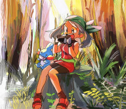 Rule 34 | 1girl, :d, bandana, bare arms, bike shorts, black eyes, black legwear, brown hair, collared dress, creatures (company), dress, eating, fanny pack, female focus, food, forest, full body, game freak, gen 3 pokemon, gloves, green bandanna, hands up, happy, holding, holding food, kaeru touritsu, knees together feet apart, legs, looking down, may (pokemon), may (pokemon emerald), mudkip, multicolored clothes, multicolored gloves, nature, nintendo, onigiri, open mouth, outdoors, plant, pokemon, pokemon (creature), pokemon emerald, pokemon rse, red dress, round teeth, shoes, short hair, sitting, sleeveless, sleeveless dress, smile, sneakers, socks, teeth, upper teeth only