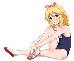 Rule 34 | 1girl, bare arms, bare legs, bare shoulders, blonde hair, blue one-piece swimsuit, blush, closed mouth, competition school swimsuit, crossed legs, from side, full body, green eyes, hair ribbon, hairband, hands on own feet, idolmaster, idolmaster cinderella girls, knee up, kneehighs, looking at viewer, looking to the side, name tag, one-piece swimsuit, pink ribbon, ribbon, sakurai momoka, school swimsuit, shoes, short hair, simple background, sitting, smile, socks, solo, stretching, swimsuit, udan, uwabaki, white background, white footwear, white socks