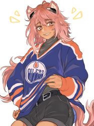 Rule 34 | absurdres, ahoge, animal ears, arknights, belt, black belt, black shorts, blue shirt, blush, commission, cowboy shot, dark-skinned female, dark skin, earpiece, edmonton oilers, gravel, gravel (arknights), grey shirt, hair between eyes, highres, jersey, lips, long hair, long sleeves, looking at viewer, mouse ears, mouse girl, mouse tail, orange eyes, parted lips, pink hair, second-party source, shirt, shorts, simple background, smile, tail, undershirt, very long hair, weiqi, white background