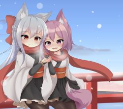 Rule 34 | 2girls, absurdres, animal ears, arm around waist, black legwear, black skirt, blue sky, bow, bracelet, breath, bridal gauntlets, cloud, day, fangs, fox ears, fox tail, hair bow, heads together, highres, holding hands, horizon, hotel01, japanese clothes, jewelry, kimono, light purple hair, multiple girls, obi, ocean, open mouth, original, outdoors, pantyhose, purple eyes, railing, red eyes, red scarf, sash, scarf, shared clothes, shared scarf, silver hair, skirt, sky, smile, snowing, tail, twilight