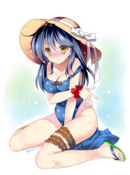 Rule 34 | 10s, 1girl, black hair, blush, breasts, bridal garter, brown eyes, cleavage, gradient background, hat, kantai collection, large breasts, long hair, looking at viewer, md5 mismatch, one-piece swimsuit, polka dot, polka dot swimsuit, rei (rei&#039;s room), sandals, sitting, solo, strap slip, sun hat, swimsuit, ushio (kancolle), wariza