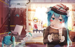 Rule 34 | 1boy, 3girls, :&gt;, @ @, against window, ahoge, air conditioner, blonde hair, blush stickers, camisole, chair, chibi, coat, commentary request, controller, curtains, door, hat, hatsune miku, headset, highres, kagamine len, kagamine rin, long hair, looking away, midriff, multiple girls, open mouth, qys3, revision, scarf, short shorts, shorts, snowflakes, striped clothes, striped headwear, stuffed animal, stuffed rabbit, stuffed toy, twintails, vocaloid, window