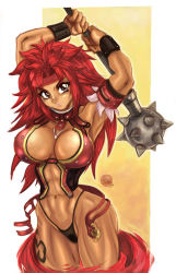 Rule 34 | 1girl, abs, armband, armor, armpits, arms up, bikini armor, breasts, dark-skinned female, dark skin, g-string, headband, highleg, highleg panties, highres, ivan llanos, large breasts, long hair, mace, navel, panties, queen&#039;s blade, red hair, revealing clothes, risty (queen&#039;s blade), risty (queen's blade), solo, tattoo, thick thighs, thighs, thong, underwear, weapon, wilderness bandit risty, wristband