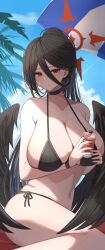Rule 34 | 1girl, absurdres, beach, beach umbrella, bikini, black bikini, black choker, black hair, black wings, blue archive, blush, breasts, choker, collarbone, halo, hanma amnah, hasumi (blue archive), highres, huge breasts, looking at viewer, lotion, low wings, mole, mole under eye, navel, palm leaf, palm tree, ponytail, red eyes, red halo, sitting, solo, sunscreen, sweatdrop, swimsuit, tree, trinity general school logo, umbrella, wings