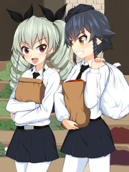 Rule 34 | 10s, 2girls, :d, anchovy (girls und panzer), anzio school uniform, bag, belt, beret, black belt, black hair, black hat, black neckwear, black ribbon, black skirt, braid, brown eyes, carrying, closed eyes, commentary request, cowboy shot, day, dress shirt, drill hair, girls und panzer, green hair, grin, grocery bag, hat, highres, holding, long hair, long sleeves, looking at viewer, miniskirt, multiple girls, necktie, open mouth, outdoors, over shoulder, pantyhose, paper bag, partial commentary, pepperoni (girls und panzer), plastic bag, pleated skirt, red eyes, ribbon, riding crop, ruka (piyopiyopu), school uniform, shirt, shopping bag, short hair, side braid, skirt, smile, standing, twin drills, twintails, v-shaped eyebrows, walking, white legwear, white shirt