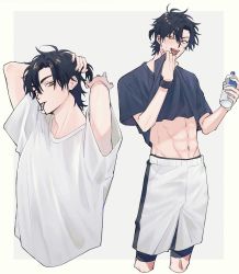 Rule 34 | 1boy, abs, arms up, black hair, black shirt, black wristband, border, bottle, cheng xiaoshi, clothes lift, cropped legs, fangs, grey background, hair tie, hair tie in mouth, highres, holding, holding bottle, holding own hair, lifted by self, looking at viewer, male focus, mouth hold, multiple views, navel, open mouth, outside border, ponytail, shiguang dailiren, shirt, shirt lift, short hair, short sleeves, shorts, smile, standing, sweat, teeth, toned, toned male, tying hair, upper body, upper teeth only, water bottle, white border, white shirt, white shorts, wiping face, wiping sweat, wristband, yellow eyes, zariganihouse
