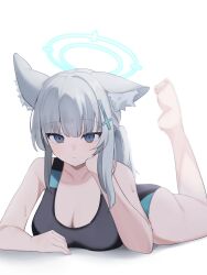 Rule 34 | 1girl, absurdres, animal ear fluff, animal ears, ass, blue archive, blue eyes, blue halo, blue one-piece swimsuit, blunt bangs, breasts, cleavage, closed mouth, commentary request, competition swimsuit, cross, cross hair ornament, ear down, grey hair, hair ornament, halo, head rest, highres, inverted cross, large breasts, leg up, looking at viewer, lying, official alternate costume, official alternate hairstyle, on stomach, one-piece swimsuit, shiroko (blue archive), shiroko (swimsuit) (blue archive), simple background, solo, swimsuit, terano naa, white background, wolf ears, wolf girl