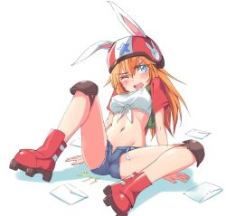 Rule 34 | 1girl, animal ears, arm support, belt, blue eyes, blush, breasts, charlotte e. yeager, denim, denim shorts, ears through headwear, front-tie top, helmet, jpeg artifacts, knee pads, letter, letters, long hair, michairu, midriff, navel, one eye closed, open fly, open mouth, orange hair, rabbit ears, rabbit girl, roller skates, shirt, short shorts, shorts, skates, solo, spread legs, strike witches, tied shirt, unfastened, unzipped, world witches series
