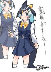 Rule 34 | 1girl, alternate costume, alternate hairstyle, b0b kemo, black hair, blonde hair, blowhole, blue dress, blue eyes, blue hair, blush, bow, bowtie, cetacean tail, common dolphin (kemono friends), cowboy shot, dolphin girl, dorsal fin, dress, fins, fish tail, hair ornament, hairclip, kemono friends, long sleeves, looking at viewer, multicolored hair, pleated dress, ponytail, shirt, short hair, socks, solo, tail, translation request, v, white shirt, white socks, yellow bow, yellow bowtie