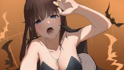 Rule 34 | 1girl, absurdres, bare shoulders, bat (animal), blue eyes, blunt bangs, blush, breasts, brown hair, character request, cleavage, commentary, copyright request, earrings, fangs, hand up, highres, jewelry, kaekae kaeru, large breasts, looking at viewer, necklace, open mouth, ponytail, solo, teeth, yellow nails