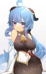 Rule 34 | 1girl, absurdres, ahoge, bare shoulders, bell, black legwear, blue hair, blush, breasts, chinese knot, detached sleeves, ebichiri sunday, flower knot, ganyu (genshin impact), genshin impact, gold trim, highres, horns, large breasts, light smile, long hair, looking at viewer, neck bell, pelvic curtain, purple eyes, red rope, rope, sidelocks, sitting, solo, tassel, thighlet, thighs, vision (genshin impact), white sleeves