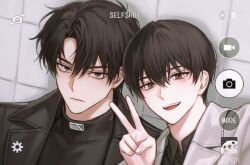 2boys artist_name black_coat black_hair coat expressionless hair_between_eyes kim_dokja light_blush long_sleeves looking_at_viewer male_focus multiple_boys omniscient_reader&#039;s_viewpoint open_mouth portrait selfie shjpt short_hair smile twitter_username user_interface v white_coat yoo_joonghyuk