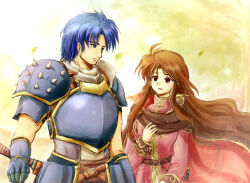 Rule 34 | 1boy, 1girl, armor, black cape, blue armor, blue eyes, blue hair, brown eyes, brown hair, cape, coat, fire emblem, fire emblem: mystery of the emblem, fire emblem: new mystery of the emblem, long hair, looking at another, nintendo, pauldrons, pink coat, red-50869, red cape, samson (fire emblem), sheena (fire emblem), shoulder armor, spiked pauldrons, two-tone cape, very long hair