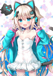 Rule 34 | 1girl, :d, absurdres, animal ear headphones, animal ears, blonde hair, blue eyes, blue hair, blue jacket, blue nails, blush, breasts, cat ear headphones, cat hair ornament, cat tail, collarbone, commentary request, double v, dress, fake animal ears, fang, hair between eyes, hair ornament, hairclip, hands up, headphones, highres, indie virtual youtuber, jacket, long sleeves, multicolored hair, nail polish, off shoulder, open clothes, open jacket, open mouth, puffy long sleeves, puffy sleeves, simple background, sleeveless, sleeveless dress, sleeves past wrists, small breasts, smile, solo, star (symbol), starry background, strap slip, tail, two-tone hair, uchuuneko, uchuuneko (vtuber), v, virtual youtuber, white background, white dress, x hair ornament