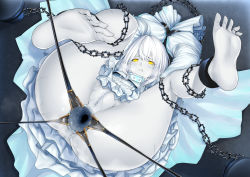Rule 34 | 1girl, anus, ass juice, azur lane, barefoot, bdsm, bondage, bound, censored, chain, chained, collar, dilation belt, dress, eva (hq8nn1ef), feet, feet up, from above, gaping, gaping anus, legs up, looking at viewer, lying, no panties, on back, pussy, pussy juice, siren (azur lane), slave, soles, tagme, toes