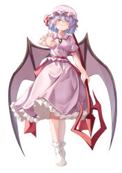 Rule 34 | 1girl, absurdres, bat wings, breasts, closed mouth, commentary request, full body, hat, hat ribbon, highres, looking at viewer, mahoro (minase mahoro), medium breasts, mob cap, no shoes, partial commentary, pink hat, pink shirt, pink skirt, purple hair, red eyes, red ribbon, remilia scarlet, ribbon, shirt, short hair, short sleeves, simple background, skirt, smile, solo, spear the gungnir, standing, touhou, white background, wings