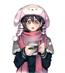 Rule 34 | 1girl, absurdres, animal ear headwear, animal hat, black hair, bleach, chappy, cup, fake animal ears, hair between eyes, hat, highres, holding, holding cup, kuchiki rukia, long sleeves, looking at viewer, mug, open mouth, pink scarf, purple eyes, scarf, shawl, solo, steam, upper body, white background, winter clothes, xi luo an ya