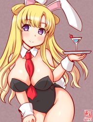 Rule 34 | 1girl, alternate costume, animal ears, artist logo, between breasts, black leotard, blonde hair, bow, bowtie, breasts, brown background, bunny day, cocktail glass, commentary request, covered navel, cowboy shot, cup, dated, detached collar, double bun, drinking glass, fake animal ears, fake tail, fletcher (kancolle), grey background, hair bun, kanon (kurogane knights), kantai collection, large breasts, leaning forward, leotard, long hair, necktie, off shoulder, one-hour drawing challenge, playboy bunny, purple eyes, rabbit ears, rabbit tail, red necktie, simple background, smile, solo, strapless, strapless leotard, tail, traditional bowtie, tray, wine glass, wrist cuffs