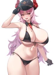 Rule 34 | 1girl, between breasts, bikini, black bikini, black gloves, black headwear, black horns, blue archive, blush, breasts, cleavage, detached collar, fangs, front-tie bikini top, front-tie top, gloves, groin, half gloves, hand on headwear, highres, horns, huge breasts, kuavera, long hair, looking at viewer, mole, mole on breast, multicolored horns, navel, necktie, necktie between breasts, open mouth, pink hair, red horns, red necktie, satsuki (blue archive), side-tie bikini bottom, simple background, skin fangs, smile, solo, stomach, sweat, swimsuit, thighs, two-tone horns, white background, yellow eyes