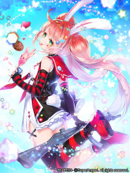 Rule 34 | 1girl, animal ears, apple caramel, ass, black bow, black thighhighs, blue sky, bow, bug, butterfly, candy, company name, day, detached sleeves, food, full body, green eyes, gun, heart, heart tattoo, highres, holding, holding food, insect, lollipop, long hair, official art, outdoors, panties, rabbit ears, red hair, red thighhighs, school uniform, serafuku, sky, solo, striped clothes, striped thighhighs, tattoo, thighhighs, tongue, tongue out, twintails, two-tone legwear, underwear, very long hair, weapon, white butterfly, white panties