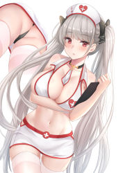 Rule 34 | 1girl, alternate costume, ass, ass focus, azur lane, bare shoulders, bikini, black choker, black skirt, blunt bangs, blush, breasts, choker, clipboard, close-up, collarbone, commentary request, cowboy shot, formidable (azur lane), from below, halterneck, hat, highres, holding, holding clipboard, keikei (kitty colors), large breasts, legs apart, legs together, long hair, looking at viewer, lower body, multiple views, navel, necktie, nurse, nurse cap, panties, parted lips, red eyes, shiny skin, short necktie, sidelocks, silver hair, simple background, skindentation, skirt, standing, swimsuit, thighs, thong, two-tone ribbon, underwear, upskirt, very long hair, waist down, white background, white bikini, white legwear, white neckwear