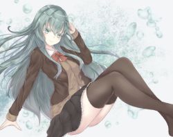 Rule 34 | 1girl, aqua eyes, aqua hair, ascot, bad id, bad pixiv id, blue background, blush, breasts, brown jacket, brown skirt, brown thighhighs, bubble background, cardigan, collared shirt, gradient background, hair between eyes, hair ornament, hairclip, highres, jacket, kantai collection, long hair, long sleeves, looking at viewer, medium breasts, open cardigan, open clothes, orange ascot, pleated skirt, remodel (kantai collection), sa-ya2, school uniform, shirt, skirt, smile, solo, suzuya (kancolle), thighhighs, vest, white shirt