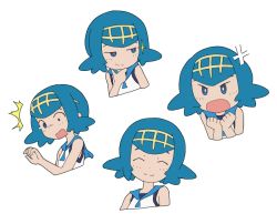 Rule 34 | 1girl, ^^^, anger vein, angry, bare arms, blouse, blue hair, blue sailor collar, bright pupils, clenched hands, closed eyes, closed mouth, commentary, constricted pupils, creatures (company), expressions, freckles, game freak, hairband, hand on own chin, hand up, hands up, lana (pokemon), looking to the side, multiple views, nintendo, no sclera, one-piece swimsuit, open mouth, pokemon, pokemon sm, sailor collar, shirt, short hair, simple background, sleeveless, sleeveless shirt, smile, sparkle, squid neetommy, stroking own chin, swimsuit, swimsuit under clothes, trial captain, upper body, white background, white pupils, white shirt, yellow hairband