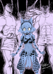 Rule 34 | &gt;:(, 1girl, 3boys, abs, animal ears, arm up, armor, arms at sides, bare arms, bare legs, bare shoulders, biceps, camisole, cat ears, clenched hand, copyright name, crossover, dual persona, fishnets, frown, gon-san, gon freecss, greatsword, hairband, height difference, highres, holding, holding sword, holding weapon, hunter x hunter, long hair, looking at another, looking at viewer, midriff, monster hunter (series), multiple boys, muscular, muscular male, nargacuga (armor), neferpitou, shaded face, short hair, shorts, smile, standing, stomach, sweat, nervous sweating, sword, tibonobannsann, turn pale, v-shaped eyebrows, weapon, you gonna get raped